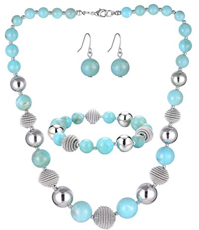 Bulinlin Perlen Damen Schmuck Set Silber Choker Halskette Ohrringe Creolen Statement Modeschmuck Weihnachtsgenchenke für Frauen(Turquoise)