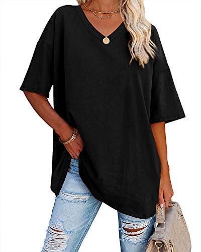 Ebifin Women's Oversized T Shirts Half Sleeve Plain V Neck T Shirt Basic Tees Loose Cotton Tunic Tops.Black.XXL