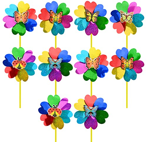10 Pcs Rainbow Pinwheels Outdoor Garden Pinwheels Colorful Flower Wind Spinners Kids Toys Windmill Plastic Bird Repellent Windmill for Bird Scarer DIY Yard Lawn Party Decoration (A)