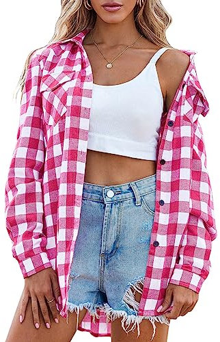 Zeagoo Karierte Hemden Damen Trachtenhemd Langarm Holzfällerhemd Bluse Knopfleiste V-Ausschnitt Trachtenbluse 3/4 Ärmeln Oktoberfest Hemdbluse Casual Karo Hemd Rosa XXL