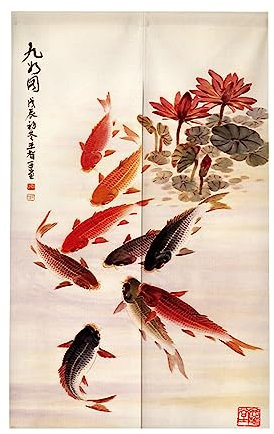 Surwin Japanese Noren Doorway Curtain Cotton Linen Chinese Style Door Curtain Window Treatment Tapestry for Decorative Bistro Kitchen Partition Shading Home (90x200cm,Koi carp)