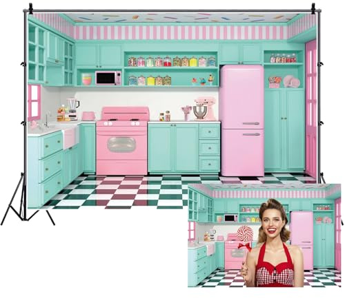 AOFOTO 7x5ft Kitchen Backdrop Retro 50s Diner Cooking Backdrop Background for Photography Pink Green Kitchen 1950s Dinner Party Birthday Decorations Banner Kids Adult Baking Photo Shoot Props