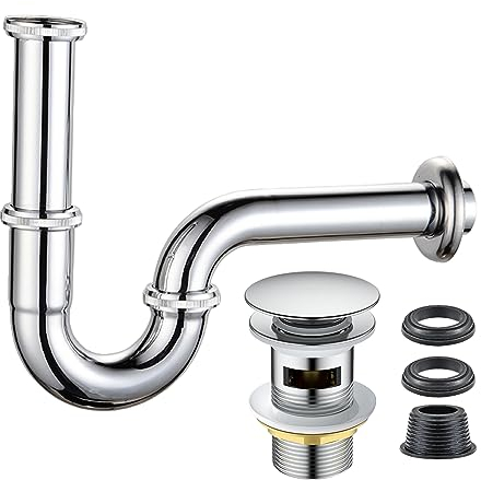 Universal Siphon Set mit Ablaufgarnitur für Waschbecken mit Überlauf, Ablaufgarnitur für Waschbecken und Waschtisch, Abflussrohr, Chrom Pop Up Ventil Waschbeckenstöpsel (A+B)