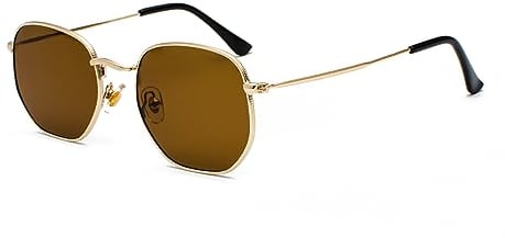WDZAYXC Mode polygonale Sonnenbrille für Damen und Herren,Leicht Metallrahmen Brille,UV400 Schutz(Gold/Braun)