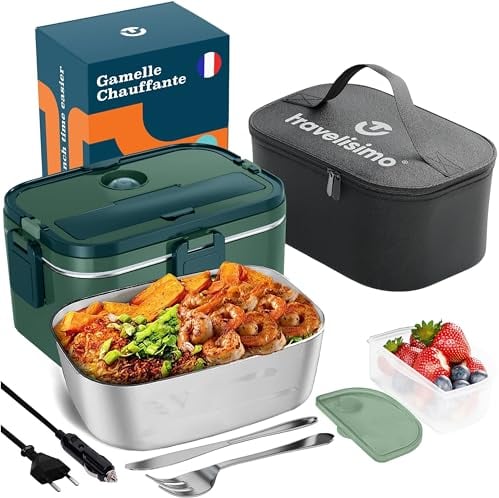 TRAVELISIMO - Fiambrera Electrica Extra Grande 1,8L - Taper Electrico para Comida 80W - Fiambrera Termica 3 en 1 12V/24V/220V - Fiambreras Comida Trabajo para Coche, Camión - Acero Inoxidable