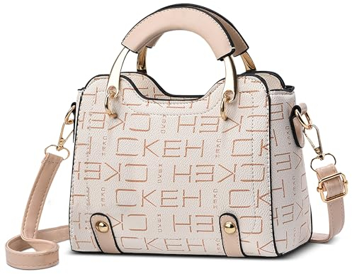 FOLOVEYA Elegant Handtasche Damen Klein Umhängetaschen Mode Frauen Henkeltaschen Crossbody Tasche Schultertasche PU Leder für Arbeiten Reisen Dating Top Griff Tasche Khaki Buchstaben