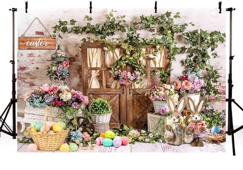 AIBIIN Fotohintergrund, Motiv: Hase, Ei, rosa Blumen, grüne Blätter, Hintergrund, Kindergeburtstag, Party, Dekoration, Banner, Babyparty, Kuchen, Smash, Studio-Requisiten, 2,1 x 1,5 m