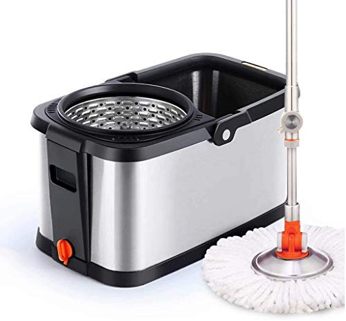 Fregona con Palanca giratoria de Acero Inoxidable de 360°, Cubo de Metal, Juego de Cubo Giratorio montado en el Suelo con Cabezales giratorios de Microfibra (un Color)