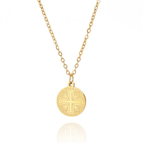 EUEAVAN Jerusalem Kreuzritter Kreuz Anhänger Halskette Jerusalem Medaillon Scheibe griechischer religiöser mittelalterlicher Schmuck Taufe Geschenk Damen Herren, Edelstahl, Kein Edelstein