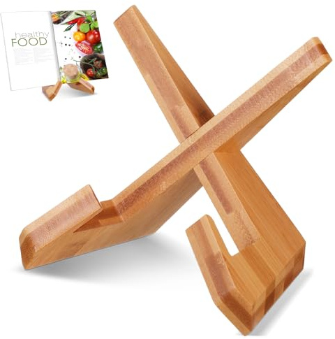 Sunnychicc Cookbook Stand for Kitchen Counter, Wooden, Brown
