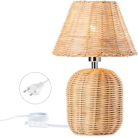 Tischlampe Rattan aus Bambus E14 Nachttischlampe mit Stecker und Schalter Retro Natur Leselampe Handgefertigte Gewebte Laternenschirm Tischleuchte mit 1.5M Kabel für Schlafzimmer Wohnzimmer Esszimmer