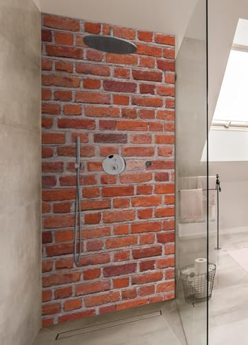 Wallario Selbstklebende Duschrückwand 80 x 190 cm mit Motiv Rote Ziegelsteinwand - Backsteine - Wandverkleidung Fließenersatz mit Hochglanzlaminat in Glasoptik