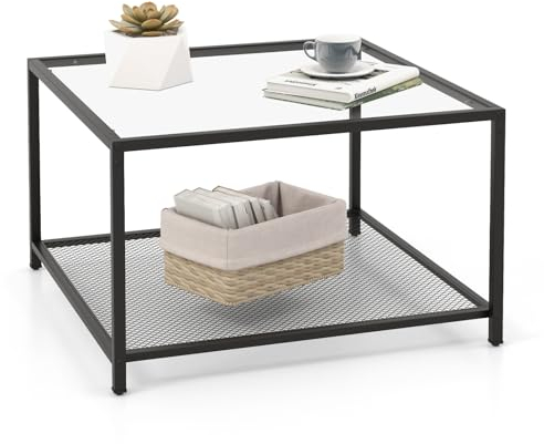 COSTWAY Couchtisch Glas, Glastisch mit 2 Ebenen, Wohnzimmertisch mit Netzregal und Oberfläche aus Hartglas, Kaffeetisch, Sofatisch für Wohnzimmer, 70 x 70 x 45 cm (Transparent und Schwarz)