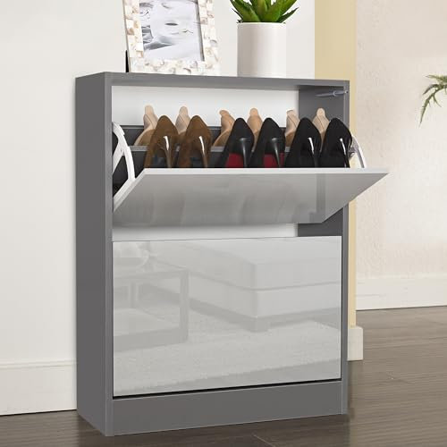High Gloss 2 Drawer Shoe Storage Cabinet Pull Down Shoe Cabinet 2 Tier Shoes Rack Wooden Furniture Cupboard Shoe Storage Organiser for Hallway Entryway, Living Rooms, 60W x 24D x 80H cm