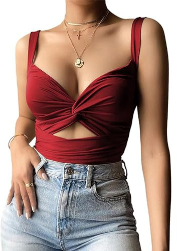 Hanaoops Crop Tops Damen Ärmellos V-Ausschnitt Tank Tops Sexy V-Ausschnitt Sommer Cami Tank Top Bauchfreies Oberteil Y2k Crop Top Party Rave Oberteile