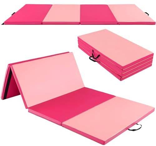 GYMAX Tapis de Gymnastique Pliable Épais 240x116x5cm, Combinaisonable avec Attaches Auto-Agrippante, Portable avec Poignée de Transport, pour Fitness, Exercice, Yoga, Étirement, Pilate (Rose Vif)