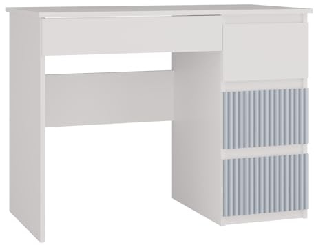 CDF Schreibtisch Mijas rechts | Farbe: Weiß/Blau | 4 Schubladen | Ideal für Büro, Arbeitszimmer, Kinder- und Jugendzimmer | Funktionaler Schreibtisch für Computer, Laptop | Einfache Montage