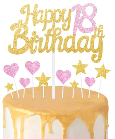 Gold Pink 18th Birthday Cake Topper, Girls 18th Birthday Decorations, Glitter Heart Stars Cake Toppers, Personalised Happy Birthday Cake Cupcake Toppers for Women Girls Baby Birthday Party Supplies