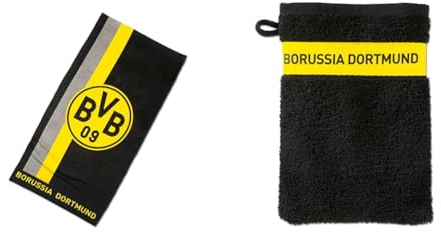 Borussia Dortmund Duschtuch mit Logo im Streifenmuster, Baumwolle, Schwarz/Gelb, 70 x 140 cm & BVB-Waschhandschuh (15x21cm), Schwarz/gelb