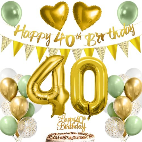40. Geburtstag Deko Mann Frau, Luftballon 40 Deko Geburtstag Grün Gold Weiß mit Happy Birthday Girlande, Tortendeko für 40.ter Geburtstag Dekoration