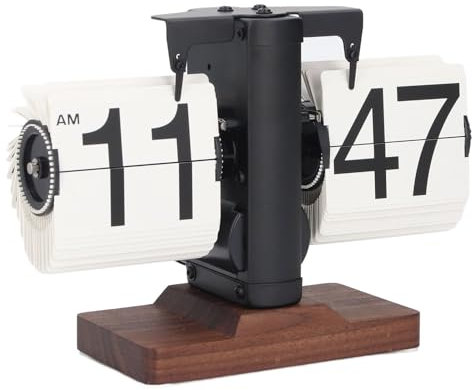 Bewinner Flip-Tischuhr, Holzsockel, Retro-Vintage-Design, Flip-Down-Uhr, 12 Stunden Automatische Umblätteruhr, Mechanische Digitale Flip-Tischuhr für Heim (Schwarzes Regal, weiße Seite)