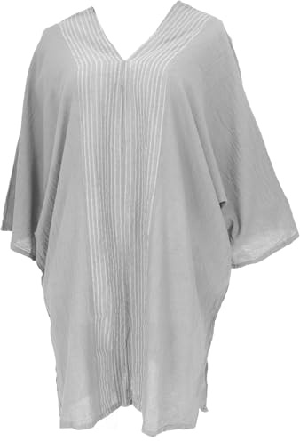 GURU SHOP Japan Style Tunika, Boho Kaftan, Kurzarm Strandtunika Für Starke Frauen - Hellgrau, Damen