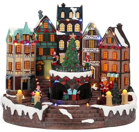Timstor Paisaje navideño con ciudad con árbol de Navidad en movimiento, música y LED, 31 x 27,5 cm