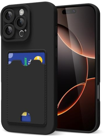 oakxco for iPhone 16 Pro Case with Card Holder, Cute Silicone Wallet Phone Case with Credit Card Slot, Soft Rubber Thin Slim Purse for Women Men with Shockproof Camera Cover Protection, Black