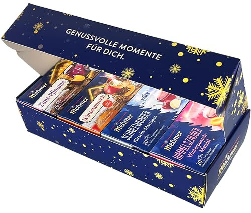 Meßmer Tee Geschenkbox Wärmende Winterzeit | 4 Sorten Früchtetee à 20 Beutel | Zimt Pflaume, Schneewunder, Winterpunsch, Himmelszauber
