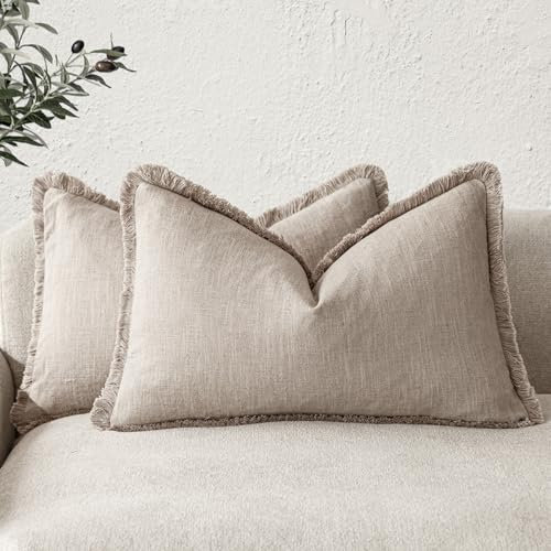 Foindtower Dekorative Leinen-Kissenbezüge mit Fransen, Landhaus-Kissenbezug mit Quasten, weich, für Couch, Sofa, Bett, Wohnzimmer, Inneneinrichtung, 2 Stück, 30,5 x 50,8 cm, natürliches Leinen