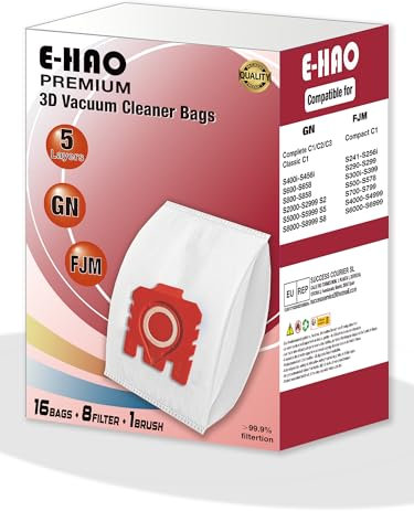 E-HAO Pack de 16 Bolsas de Polvo 3D Mejoradas para Aspiradoras Miele, Recambio para las Series FJM y GN. Compatible con modelos: Complete C1/C2/C3, Compact C1/C2, Classic C1, S8, S6, S5, S4, S2