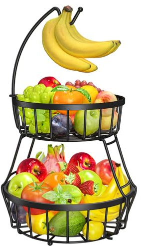 OrderlyGo Thicken Fruit Bowl Basket with Banana Hanger - Durable Detachable Kitchen Countertop Organizer for Fruits, Vegetables, Snacks, Metal Wire Countertop Storage Basket for Kitchen (Black)