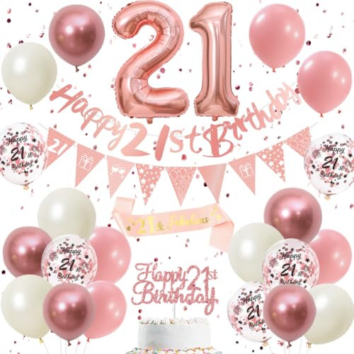 21st Birthday Decorations Retro Pink Rose Gold - Double Digits 21 Party Supplies Set for Women & Girls, birthday Banner, Pennant Flags, Cake Topper, Balloon Assortment (21st Pink Birthday Set)