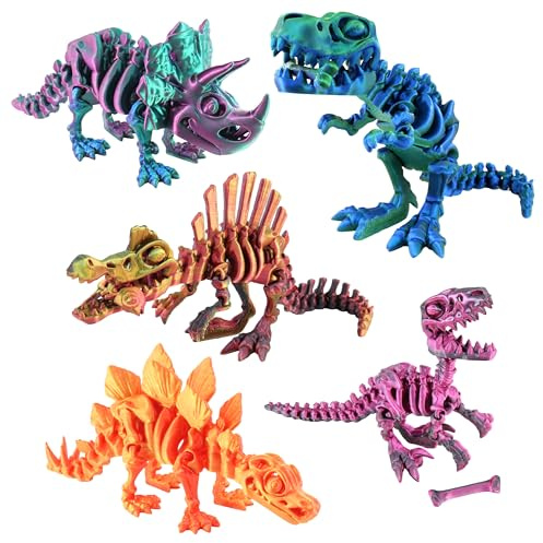 PowerTRC 5 x 3D-gedruckte Dinosaurier-Skelette, T-Rex Triceratops, Stegosaurus, Velociraptor, Spinosaurus, Fidget-Spielzeug, 3D-gedruckte Drachen-Tiere, bewegliche 3D-Figur, Stressabbau-Spielzeug