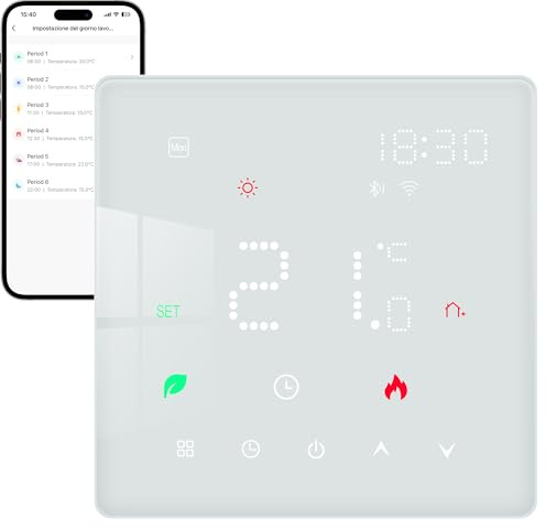 Termostato Wifi, Cronotermostato Smart Ambiente Da Parete Per Riscaldamento Elettrico con un Sensore Digitale Compatibile Con Google Assistant E Alexa Bianco 220V 16A