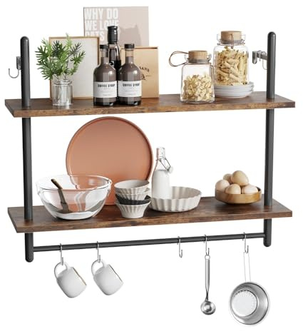 Bestier 80 cm 2-stufiges schwebendes Rohrregal, industrielles wandmontiertes Leiterregal mit Rundrohr und Haken, Holzregal für Dekoration und Aufbewahrung (Braun, 80CM)