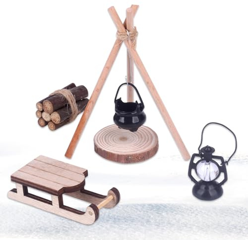 Mini Lagerfeuer Wichtelzubehör, Miniatur Wichtel Zubehör Lagerfeuer, Miniatur Weihnachten Lagerfeuer Brennholz Kessel Bonfire Feuerstelle Schnee Set, Weihnachten Puppenhaus Holzschlitten Lagerfeuer