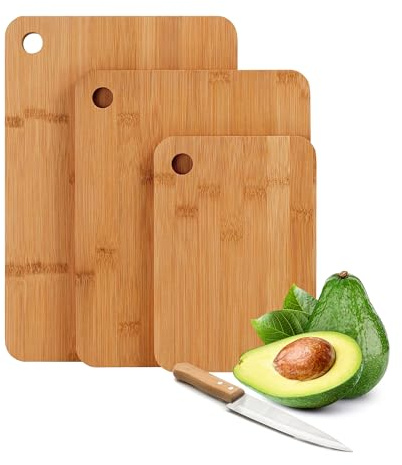 Relaxdays Bamboo Cutting Board Set of 3, with Handle Hole, 3 Sizes, Wooden Boards 22–33 cm Wide, Natural Colour