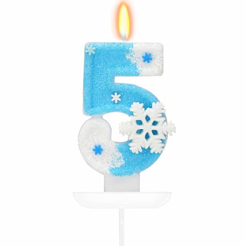 ZingBox Schneeflocken Kerze 5 Geburtstag Mädchen, Weiß Blau Geburtstagskerzen Zahlen 5, Schneeflocke Geburtstagsdeko 5 Jahre Zahlenkerze, Kerzen Zahlen 5, Schneeflocken Kuchendeko 5 Geburtstag Kerze