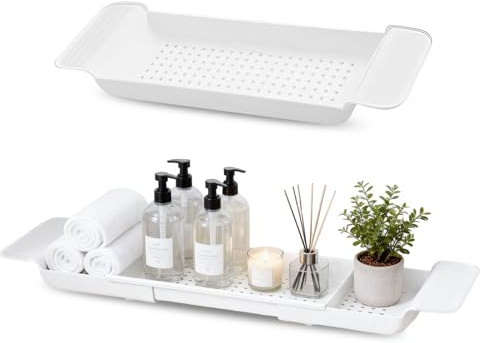 Expandable Bath Rack, Bath Tray Adjustable Bathtub Tray Multifunctional Bathtub Caddy Trays Bathroom Accessories Stylish For Candle Towel Book Wine Phone White