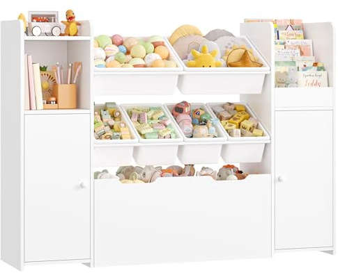 FOREHILL Porta Giochi Bambini con 6 Scatole Contenitori 138x30x94 cm Bianco | Scaffale Portagiochi Bimbi,Mobile Porta Giochi con Portariviste,1 Cassetti,Ripiani Regolabili,per Cameretta e Sale Giochi