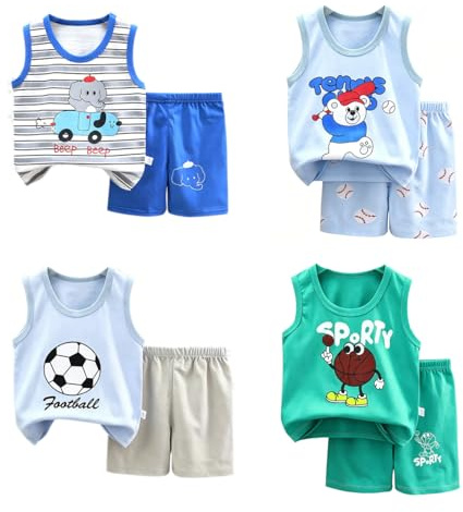 XM-Amigo 4 Completo Canottiera e Pantaloncini Bambino Maschio 3 M-7 Anni | 8 Pezzi, 100% cotone puro e morbido, motivi cartoni animati, abbigliamento estivo per casa, asilo e uscite.