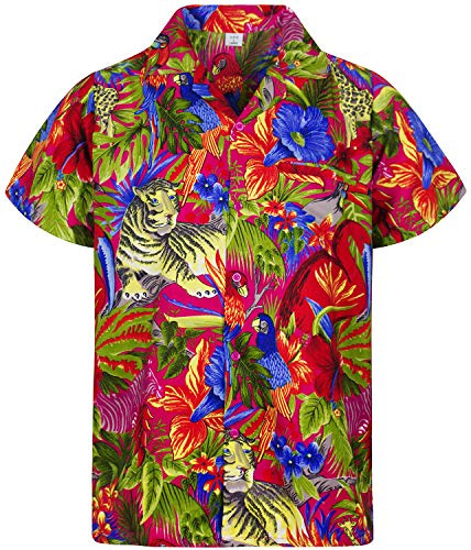 V.H.O. Funky Hawaii-Hemd, Herren, Kurzarm, Jungle, Pink, 3XL