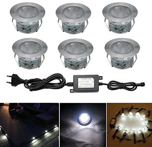 CHNXU LED Bodeneinbaustrahler 6er Set Ø45mm 1W Terrassen Einbaustrahler Aussen 12V IP67 Wasserdicht Terrassenstrahler Licht für Küche Garten Treppen Balkon Terrasse, Kaltes Weiß