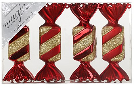 Christbaumschmuck Bonbons 10,5cm Kunststoff 4er Set - bruchsicher & mit Glitzer - Christbaumkugeln für Weihnachtsbaum - Weihnachtsbaumkugeln & Weihnachtsbaumschmuck Dunkelblau Rot - Festive Red