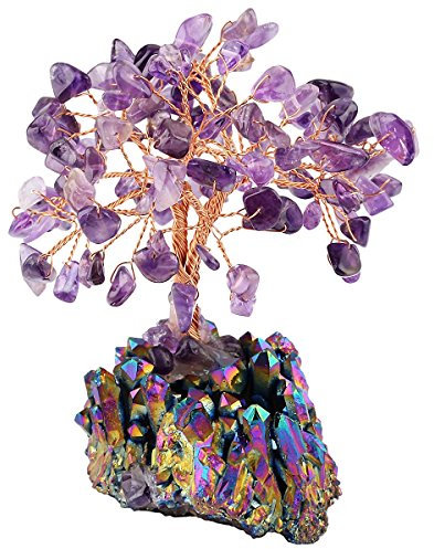mookaitedecor Natural Amethyst Crystal Money Tree,Gemstone Feng Shui Ornaments Tree of Life Figurines,Titanium Coated Rainbow Stone Cluster Base