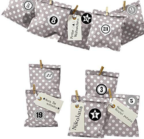 Frau WUNDERVoll® DIY Adventskalender zum Befüllen Bescherung: Set Punkt 158, Papiertueten flach 13x16,5cm, Taupe Punkt, Ziffern grau
