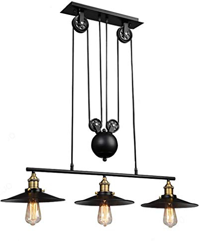 COCOL pendelleuchte vintage 3 flammig Industrie stil, Metall Pulley-Anhänger Loft-Deckenleuchte Pendelleuchte Retro Kronleuchter für Esszimmer/Wohnzimmer/Küche/Café(Schwarz)