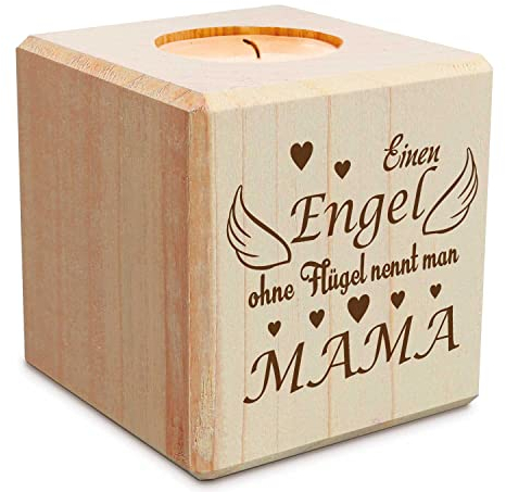GRAVURZEILE Teelichthalter mit UV-Druck aus Holz für Mama - Einen Engel ohne Flügel... - Persönliches Geschenk für Mama zum Geburtstag oder Muttertag - Muttertagsgeschenk - Würfel: 8x8cm