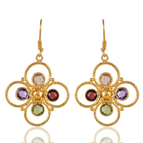 Amethyst, Peridot, Citrine, Garnet Gold Over Silver Dangle Earrings